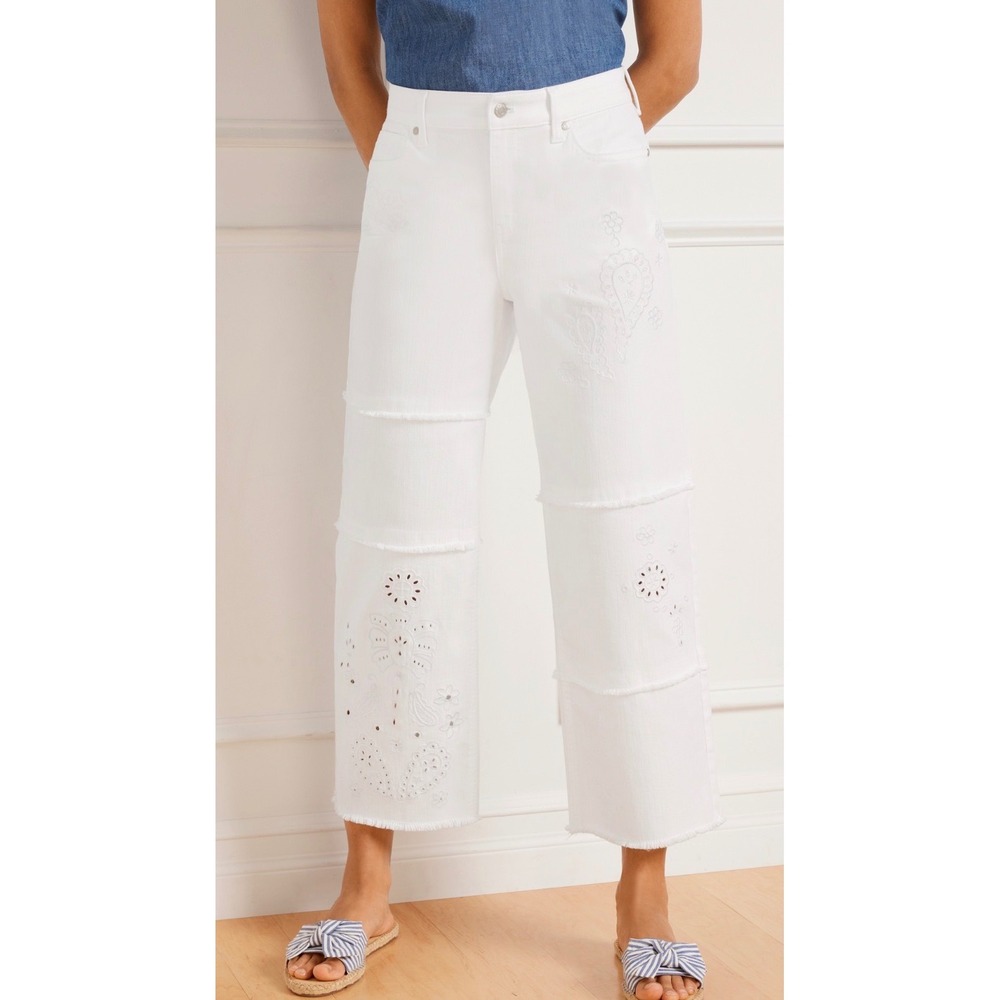 Talbots White Wide Leg Crop Jeans High Waist Embroidered‎ Raw Hem 4P NEW